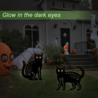 Hokfirm Halloween Black Cat Garden Stake Decor - 2 Pack Scary Cat Silhouette Metal Yard Signs with Glow-in-The-Dark Eyes for Outdoor Halloween Decorations