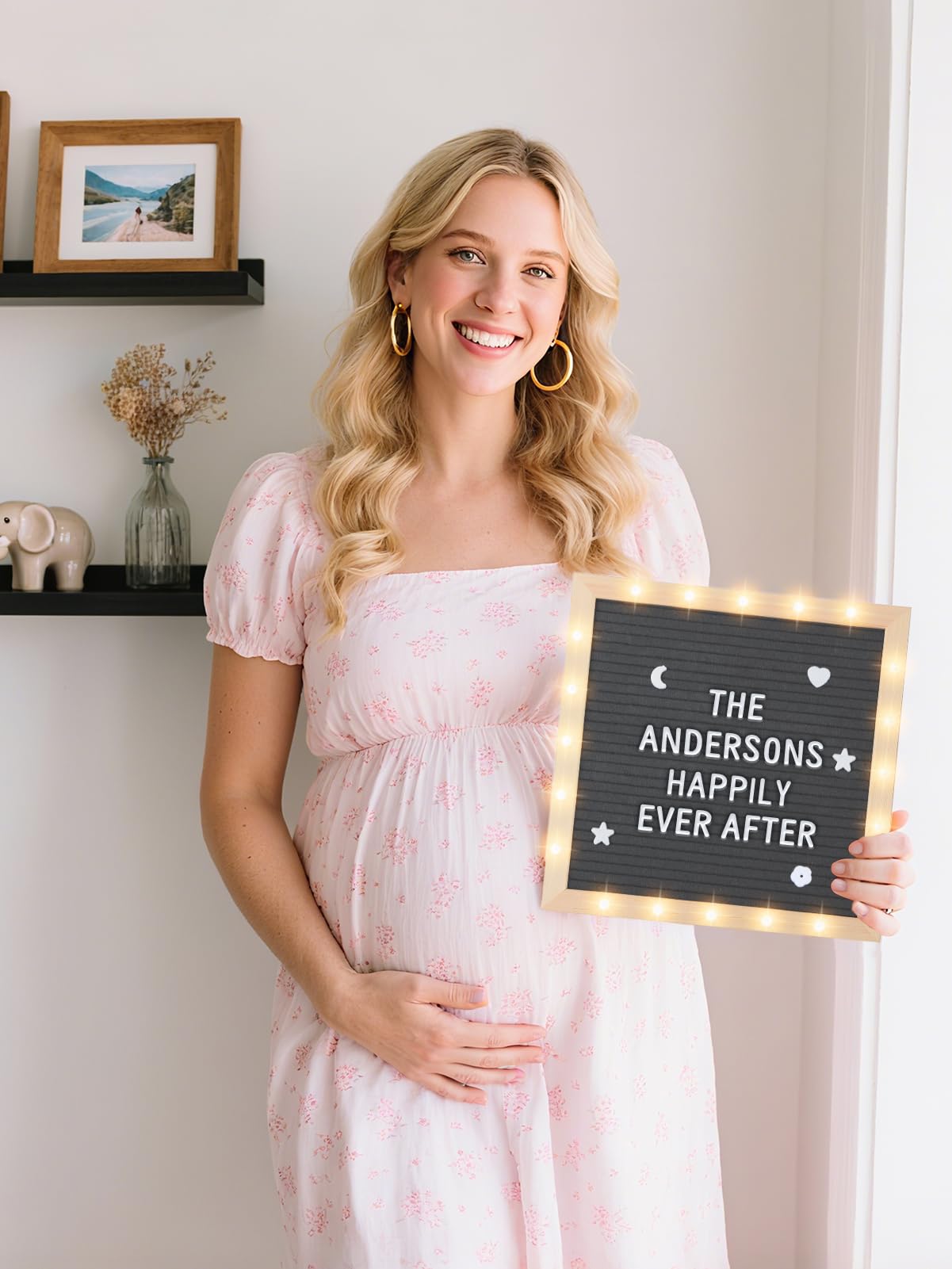 Changeable Felt Letter Board with LED Lights - 10×10" Message Custom Signs & Wood Stand & 450 Letters, Poster Board for Baby/Pregnancy Announcement/Classroom Wall Decor Gifts First Day of School, Grey