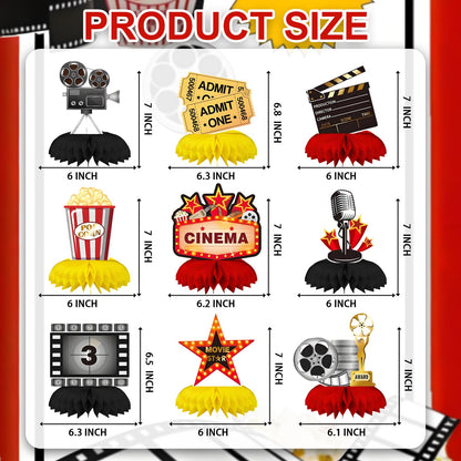 Oiuyamn 9Pcs Movie Night Party Honeycomb Centerpieces Decorations, 3D Movie Theme Birthday Table Topper, Hollywood Party Decor