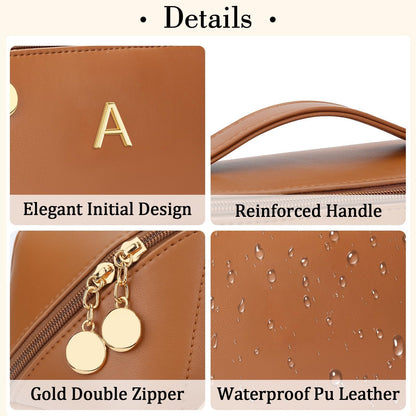 KKXIU Initial Makeup Bag for Women - Personalized Makeup Bag Gifts for Women, Travel Toiletry Bag with PU Leather, Open Flat Design with Top Handle, Cosmetic Bag Set with Multi-Pocket (Brown,A)