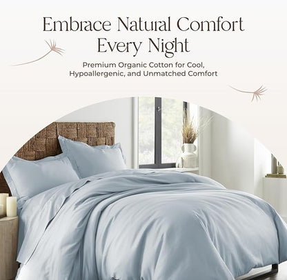 100% Organic Cotton Duvet Cover King Size - Naturally Soft Lightweight & Cooling Duvet Cover Set with Decorative Shams - Premium GOTS Certified 300 Thread Count Sateen Weave (Powder, King)