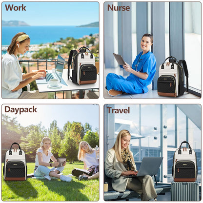 Laptop Backpack for Women Bag - 15.6 inch Work Travel Backpack with USB Charger College Bookbag Waterproof Business Computer Backpack Anti-theft Casual Backpacks for Nurse Teacher Beige Black Brown