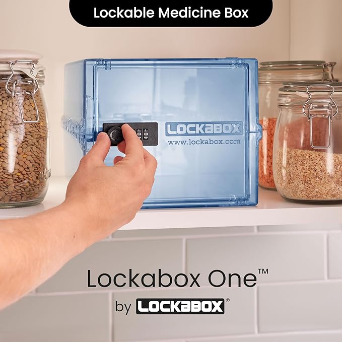 Lockabox One™ | Premium Medicine Lock Box | Medium Medication Lock Box With Code For Medicines, Vitamins & Supplements | External Size 12 x 8 x 6.6 inches (Light Medi Blue)
