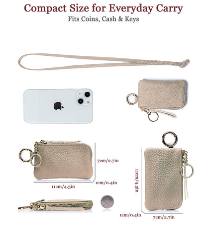 LnxLtw Travel-Friendly Leather Coin Purse for Women – Mini Zipper Wallet with Wrist Strap & Keychain, Compact Change Holder & Small Coin Pouch with Gift Box (Gray)