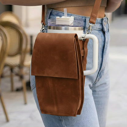 Leather Crossbody Bottle Bag – Genuine Leather Water Bottle Holder with Adjustable Strap, Slim Travel Drink Carrier Pouch for Walking, Hiking & Festivals (Bottle Not Included), Warm Brown