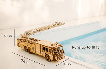 Wood Trick Rescue Firetruck Movable - Rotating Extendable Ladder - 3D Wooden Puzzles for Adults to Build - Rides up to 20 ft - Wooden Models Engineering DIY Project Mechanical Model Kit