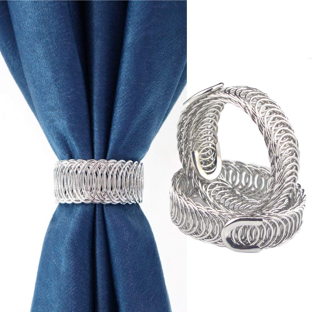 Ailejia Metal Curtain Tiebacks Holdback Drapery Curtain Tiebacks 1 Pair Elastic Strap Drape Buckle Home and Office Window Treatment (Silver)