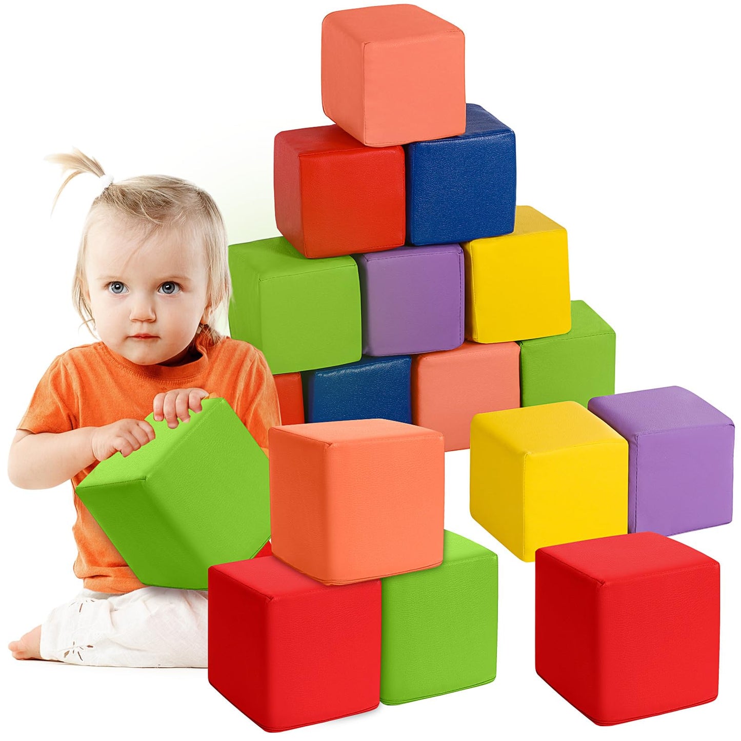Civaner 12 Pcs Foam Building Blocks for Kids 5.51 Inch Colorful PU Leather Foam Counting Cubes Stacking Block Sets Building Throwing Toys for Toddler Math Preschool Learning Birthday Gift