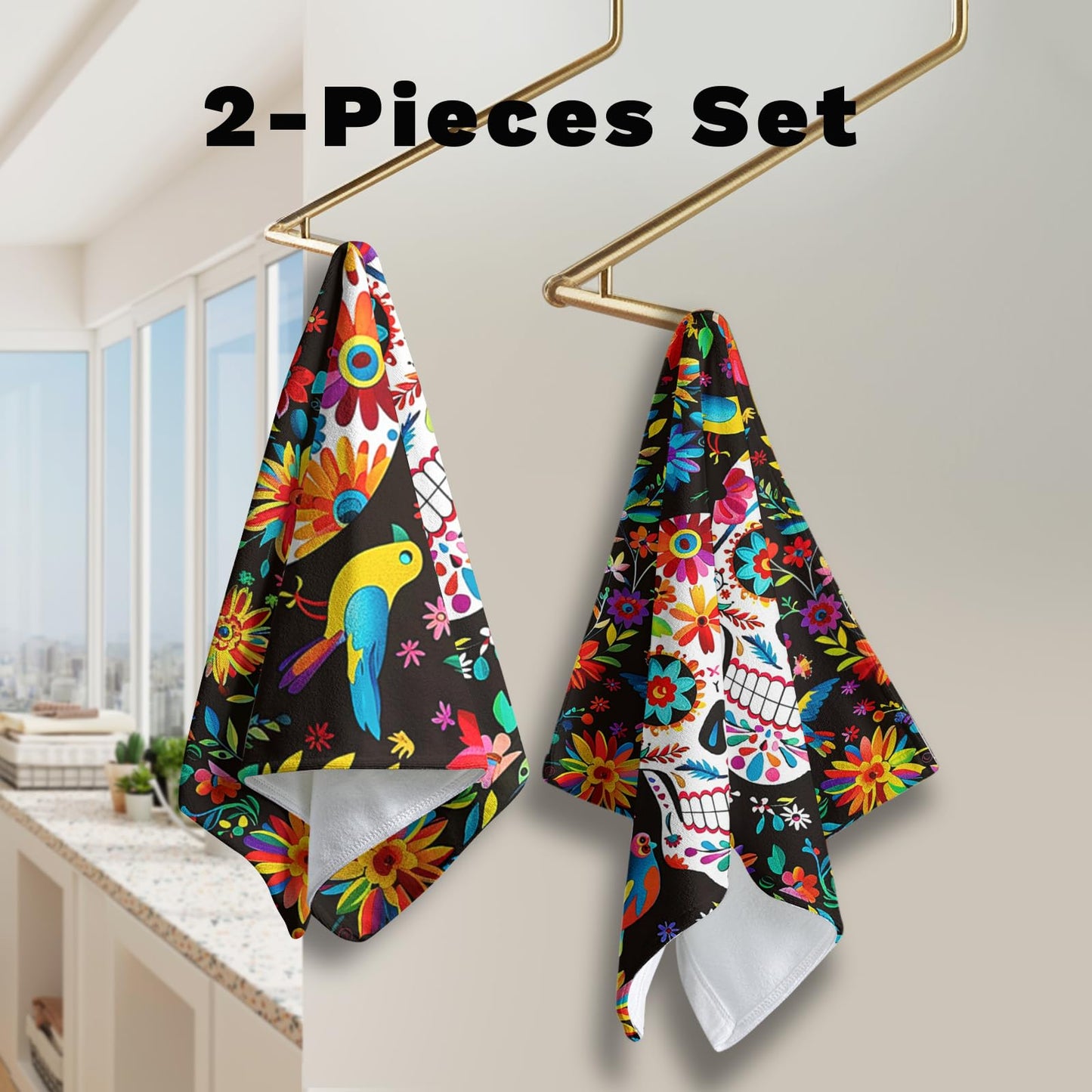 Cneztholim Day of The Dead Hand Towels Mexican Skull Kitchen Dish Towel Halloween Skeleton Floral Bathroom Towels Soft Absorbent Towel Set with Birds for Home Decor