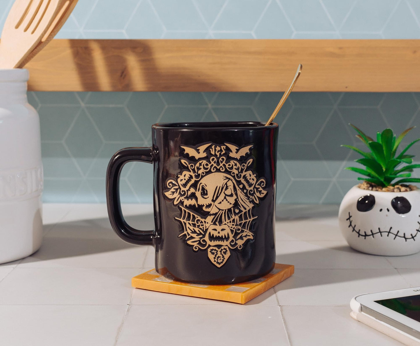 Disney The Nightmare Before Christmas Jack And Sally Wax-Resist Ceramic Pottery Mug | Large Coffee Cup For Tea, Espresso, Cocoa | Holds 25 Ounces