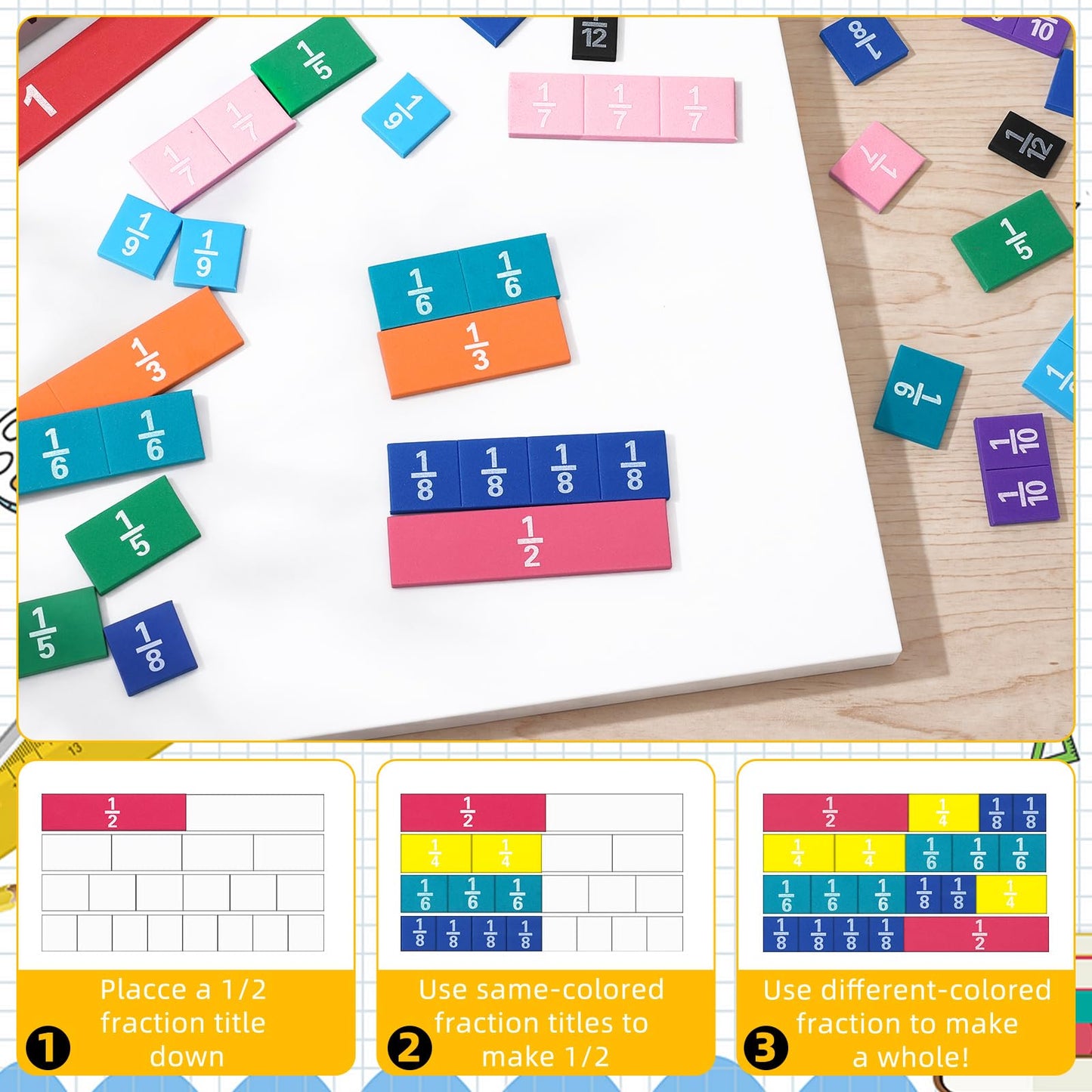 Sayglossy 10 Set Fraction Tiles Set for Math Classroom Rainbow Color Manipulatives Montessori Math Materials for Maths Classroom School Learning Educational Supplies