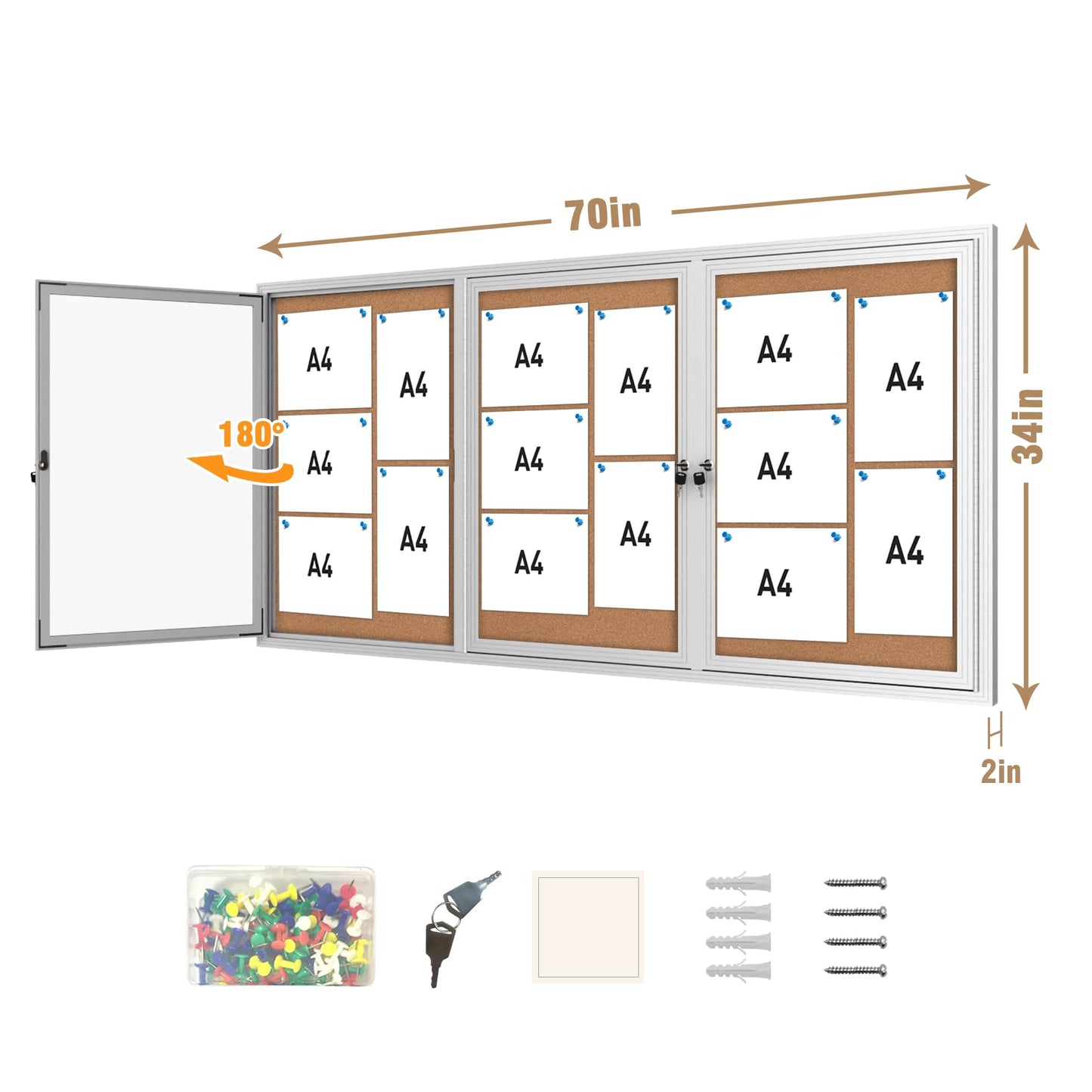 Mifuro 70"x34" Enclosed Bulletin Board, Outdoor Lockable Weather-Resistant Aluminum Cork Noticeboard for School & Office, Silver Frame w/Cork