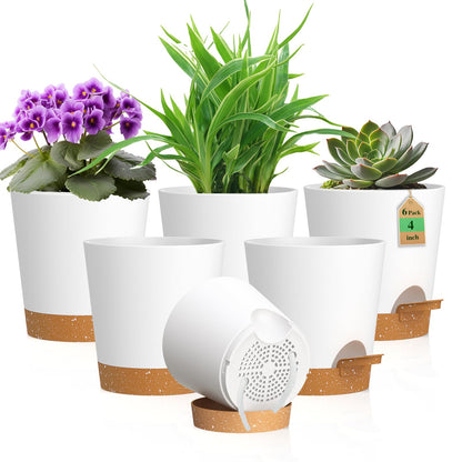 WSMKSZ 4 inch Self Watering Pots for Indoor Outdoor Plants, 6 Pack Plastic Flower Planters with Drainage Holes and Removable Saucers, Plant Pots with Wicking Rope, Modern Decor, White Brown