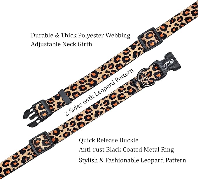 Dog Collar Leash Set, Leopard Pattern, Polyester Material, Adjustable Collar and 5ft Matching Leash, for Medium Dogs.(M, Yellow Leopard)