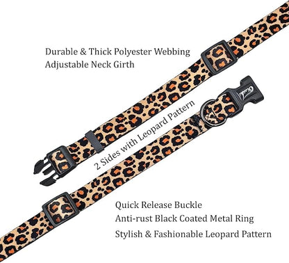 Dog Collar Leash Set, Leopard Pattern, Polyester Material, Adjustable Collar and 5ft Matching Leash, for Medium Dogs.(M, Yellow Leopard)