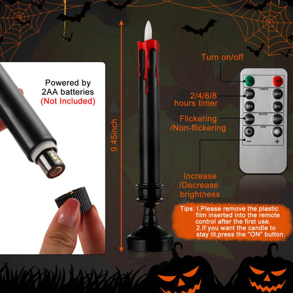 Sratte 6 Sets Halloween Blood Dripping Candle Decoration Led Flameless Candle with Candlestick Holder and Remote Battery Operate Vampire Tears Scary Creepy Decor for Indoor Home(Black Holder)