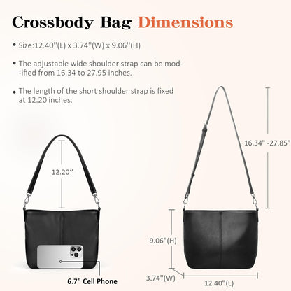 befen Genuine Leather Purse for Women, Black Leather Crossbody Bag Soft Hobo Purse Women's Shoulder Handbags with 2 Removable Straps Designer Cross Body Purses for Everyday & Travel & Work