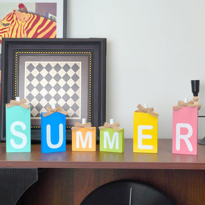 NYUWOAURC Summer Decorations for Home,6 Pcs Wooden Signs Letter Blocks,Rustic Farmhouse Summer Table Decoration Indoor,Double Sides Seasonal Decor Party Centerpiece For Tiered Tray Tabletop Shelf Desk Mantel