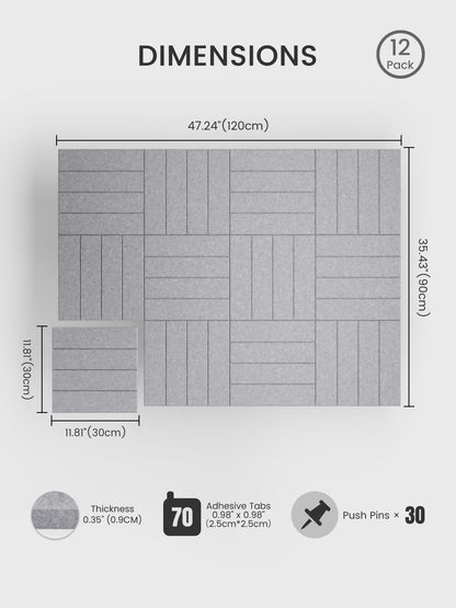 Bumusty Large Cork Board Alternative-48 x 36" Felt Bulletin Board Tiles, with 30 Pushpins, 70 Adhesive Tabs, Bold-Stripe 12-Pack, Cork Boards for Office Push Pin Board Felt Board-Soft Gray