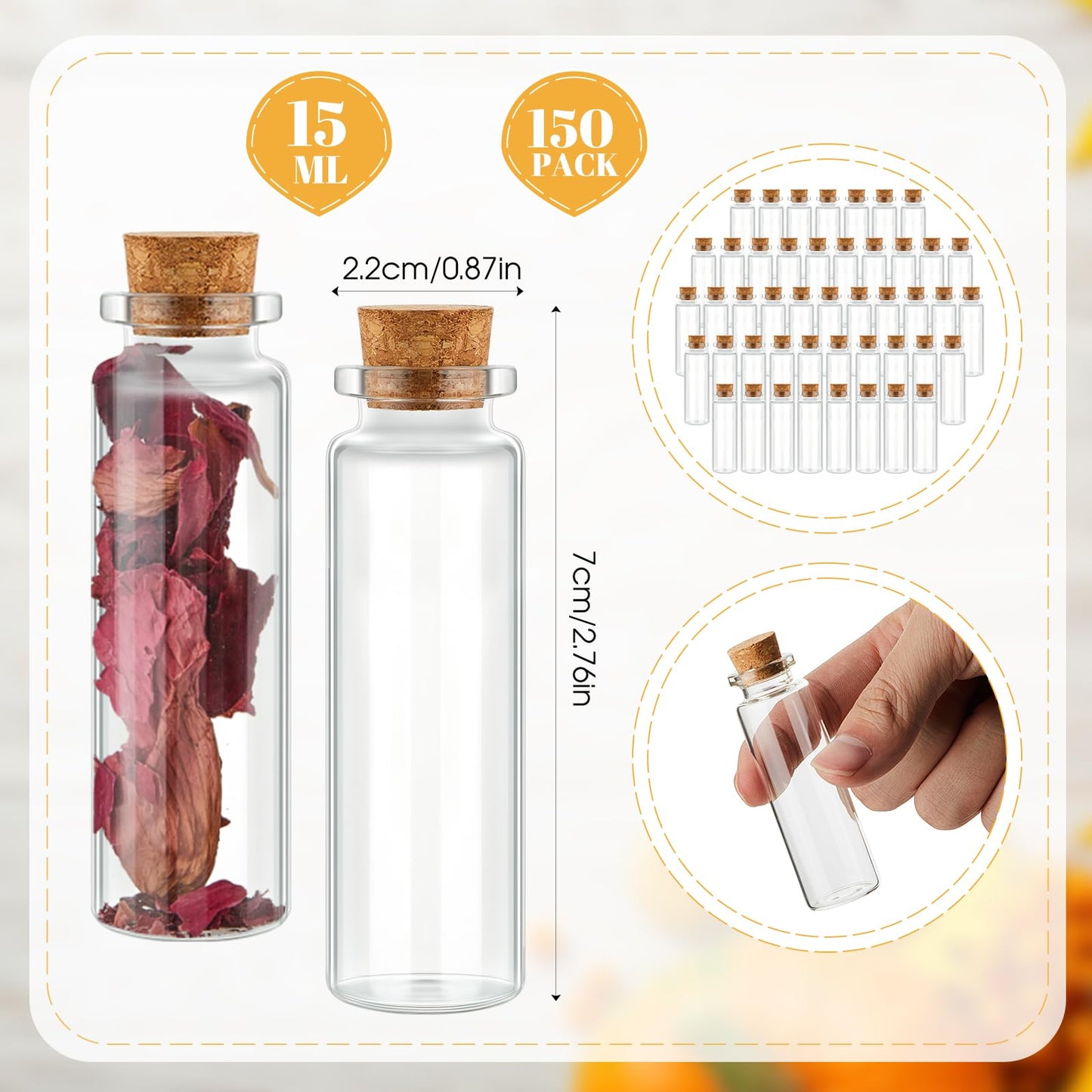 Gerrii 150 Pcs 15 ml Mini Glass Bottles with Wood Cork Stoppers, Mini Potion Glass Vials Small Clear Bottles Wishing Message Spell Tiny Jars Sand Art for Halloween Decoration Wedding DIY Favor