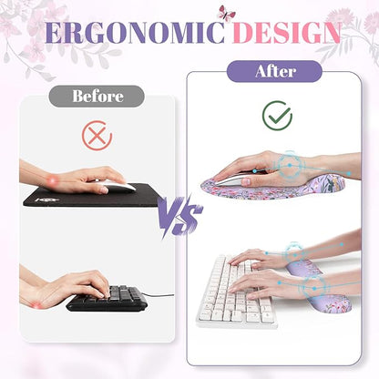 iCasso Desk Mat Set,Large Mouse Pad with Wrist Rest,Ergonomic Keyboard Wrist Support for Women,Girly Floral Computer Mat with Scalloped Edges,Non-Slip Desk Pad Home Office Gaming (Purple)