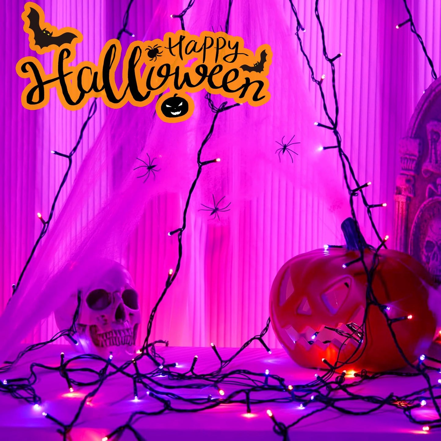 SyouHome 6-Pack Solar String Lights, 600 LED Extra-Long 236Ft Solar Halloween Lights Outdoor Waterproof, 8 Modes Led Halloween Light for Garden, Patio, Wedding(Purple & Orange)