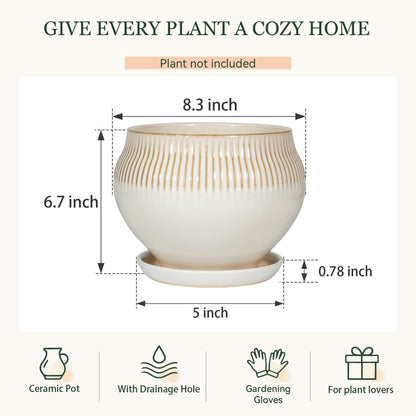 SAFIOROIS 8.3 Inch Modern Ceramic Plant Pot with Drainage Hole and Mesh Net, Indoor Outdoor Planter with Saucer & Gardening Glove, Pots for Succulents, Flowers, Large Plants, White