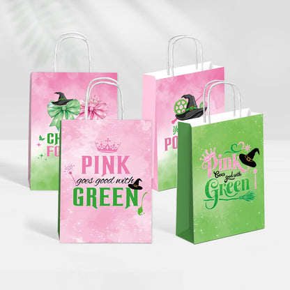 ACUDUDOMA Witch Party Gift Bags 12 Pack, Pink and Green Double-Sided Paper Treat Bags with Handle for Birthday Party Decorations, Princess Theme Halloween Favors & Friendship Exchange Gifts