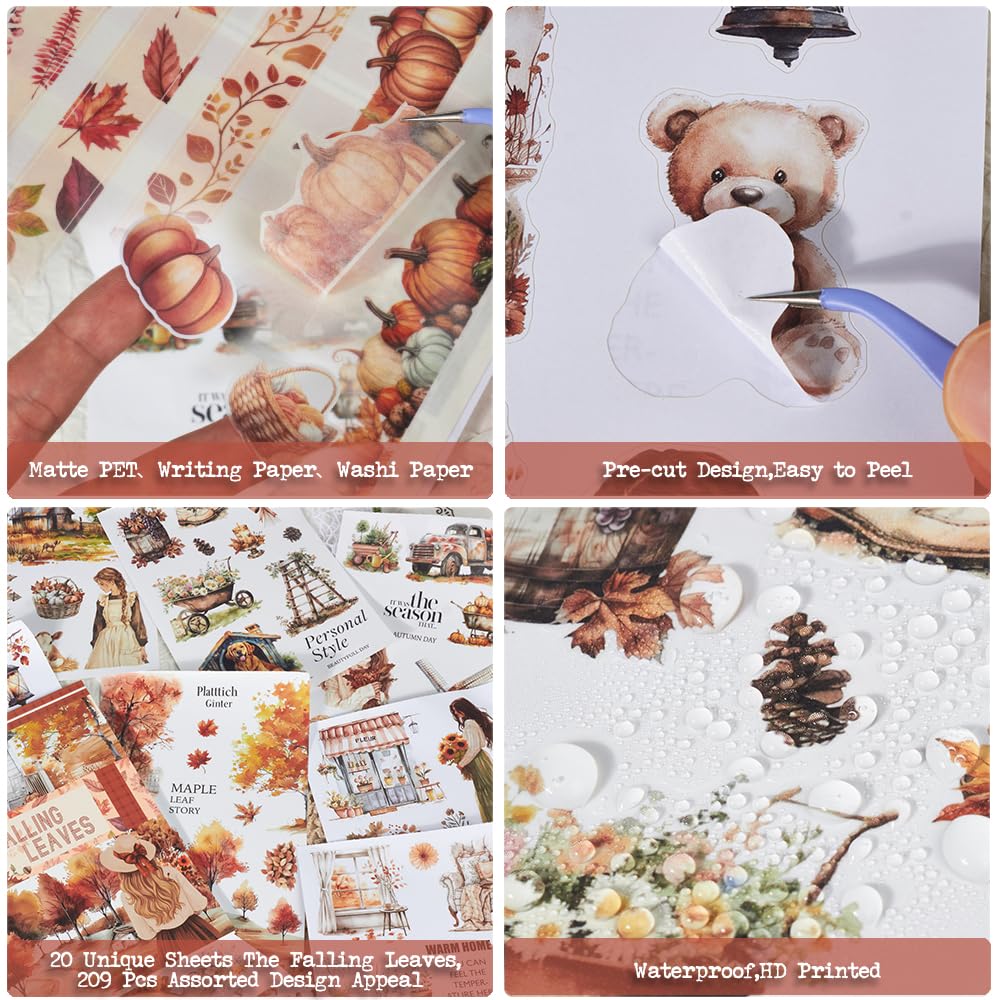 Dwpetzo Cozy Autumn Journaling Sticker Book, 20 Sheets Pe-Cut PET, Washi Tape, and Craft Paper Stickers for Junk Journal Supplies, Aesthetic Fall Stickers for Bujo, Collage, Scrapbook Supplies
