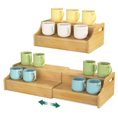 EsLuker.ly Coffee Mug Cup Holder Rack for Cabinets Countertop, 2 Tier Expandable Mug Storage Organizer Bamboo Coffee Bar Station Display Stand Shelf for Kitchen Countertop, No Assembly, More Space