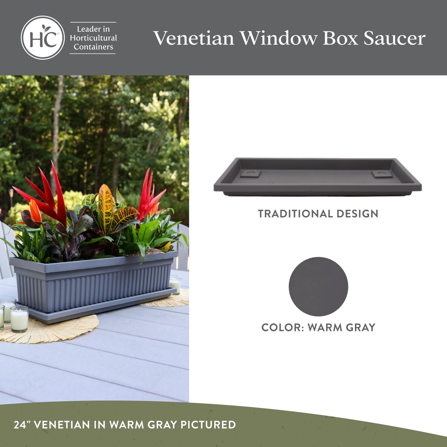 The HC Companies 29.5 Inch Venetian Rectangular Plant Saucer, Lightweight UV-Resistant Plastic Outdoor & Indoor Flower Pot Tray, 2-Pack Plant Pot Trays for Garden & Home Decor, Warm Gray