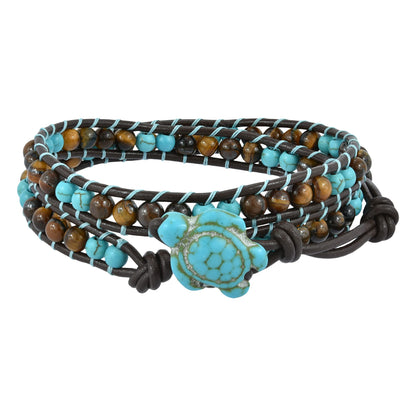 AeraVida Sea Turtle Double Wrap Bracelet with Tiger’s Eye and Simulated Turquoise Beads | Handcrafted Leather and Cotton Rope Bracelet with Turtle Toggle | Boho Ocean Nature Inspired Jewelry