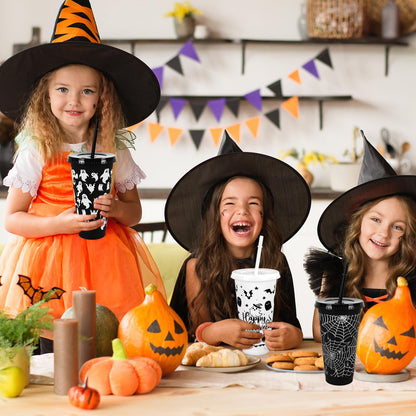 JarThenaAMCS 24Pcs Halloween Plastic Cups with Straws Lids 24oz Reusable Ghost Bat Pumpkin Spider Web Plastic Tumbler Black White Cold Cups for Halloween Home Office Party Supplies