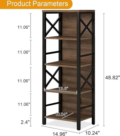 MNEETRUNG Small Bookshelf,5 Tier Industrial Bookshelf with Metal Frame and Backboard,Narrow Rustic Brown Book Shelf,Book case for Small Spaces,Living Room,Bedroom and Home Office