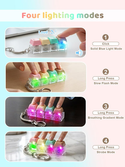 10PCS Light Up Keyboard Fidget Toy, 4-Key LED Keyboard Fidget Clicker Keychain with RGB Lights, Portable Mechanical-Style Sensory Desk Toy for Adults and Teens