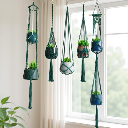 Macravine 5 -Pack Plant Hanging Holder, Indoor Boho Plant Pot Holder, Handmade Art Plant Hanger, Chic Plant Hanger for Ceiling/Window/Garden Decor, 40",50",63", Dark Green(No Pot & Plant Included)
