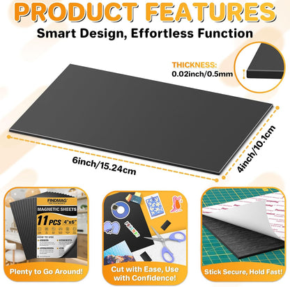 FINDMAG Magnetic Sheets, 11 Pack, 4" x 6" Magnet Sheets with Adhesive Backing, Cut and Customize Flexible Self Adhesive Magnetic Sheets for Picture, Photo, Craft and DIY