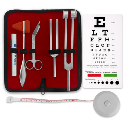 DEXSUR 7pc Diagnostic Percussion Set - Comprehensive Kit for Accurate Reflex Testing and Examinations, Includes Tuning Fork, Hammers, Pinwheel, Pupil Gauge Penlight, and EMT Scissors