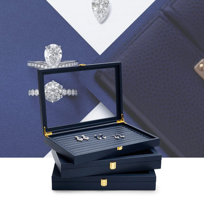 Oirlv Premium Blue Leather Rings Earrings Organizer Tray with Clear Lid Jewelry Display Box with Acrylic Lid Stackable Jewelry Box Drawer Inserts