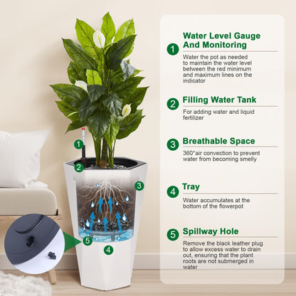 GAOMON 22.5" Tall Planters Set of 2, Self-Watering Diamond Planter Pots with Water Level Monitor and Wheels, Plant Pots Outdoor and Indoor for Room & Office Décor, Garden, Patio, White