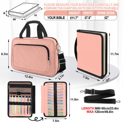 IBOVODI Pink Large Bible Cover Case for Women, Bible Study Supplies Bible Journaling Kit Book Carrying Case Church Bag with Shoulder Strap Handle Zipper Pocket, Christian Gifts