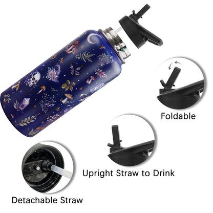 Insulated Goth Water Bottle 32 oz, Goth Gifts for Women, Halloween Gothic Water Bottle with Straw and Lid, Reusable Leakproof Tumbler Stainless Steel