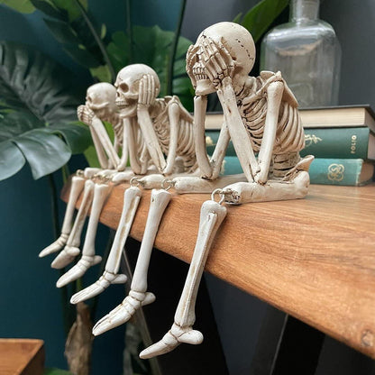 Kakeii Skull Statues Set Resin Skeleton Shelf Sitters Sitting Figurines for Home Bookshelf Table Ledge Edge Decorative, Crafts Ornaments Collectibles Statues for Skeleton Lovers Halloween Decor (3Pcs)