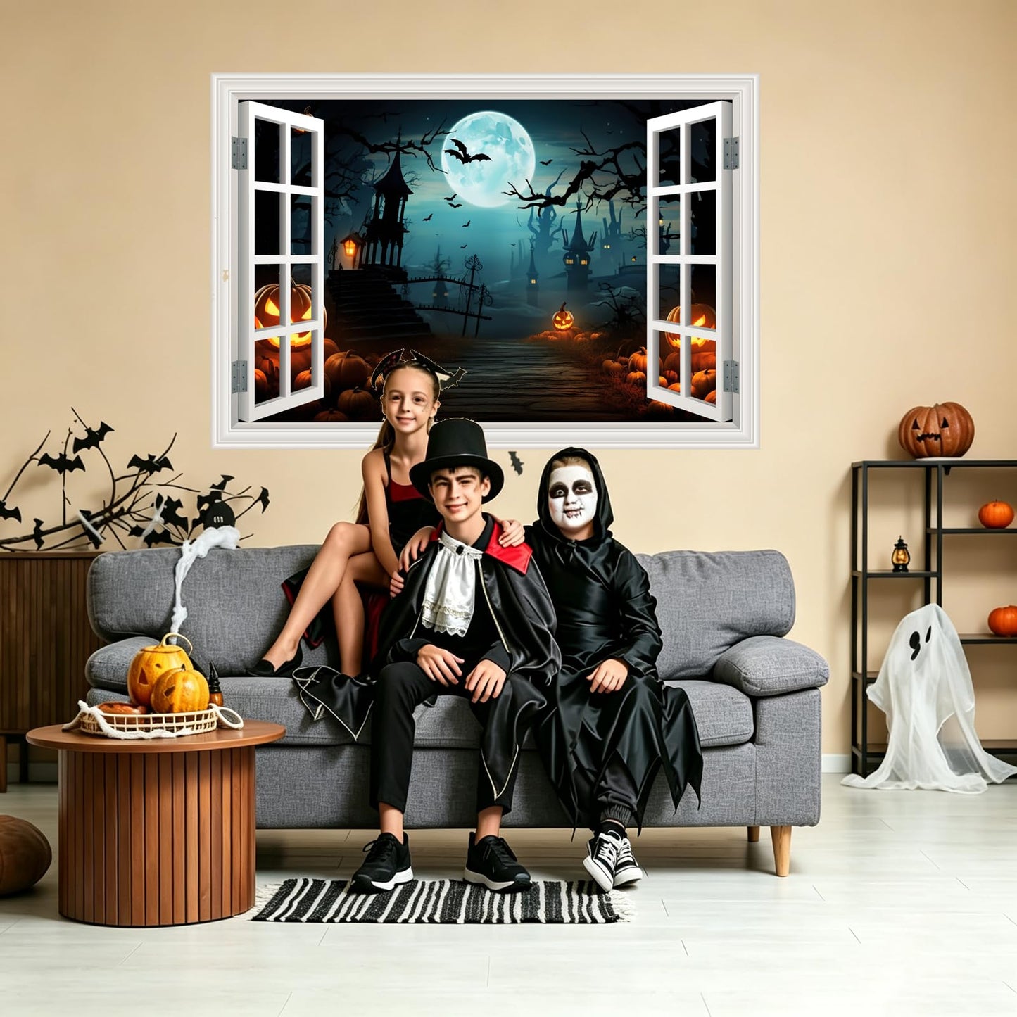 Fake Window Wall Decals Halloween Pumpkin Castle Bat Night View Terror Mural Faux Window Sticker Poster Open Wall Art Picture， for Room Office Decor Stick and Peel Natural Scenery Scene 16“x24”