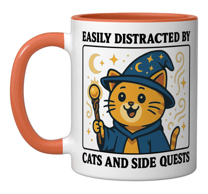 Easily Distracted By Cats And Side Quests Ceramic Mug, Orange/White