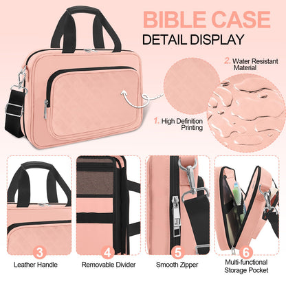 LAOTANGJIA Bible Cover,Pink Large Bible Bag for Women, Study Supplies Journaling Kit Book Carrying Case with Bible Highlighters Shoulder Strap Christian Gifts
