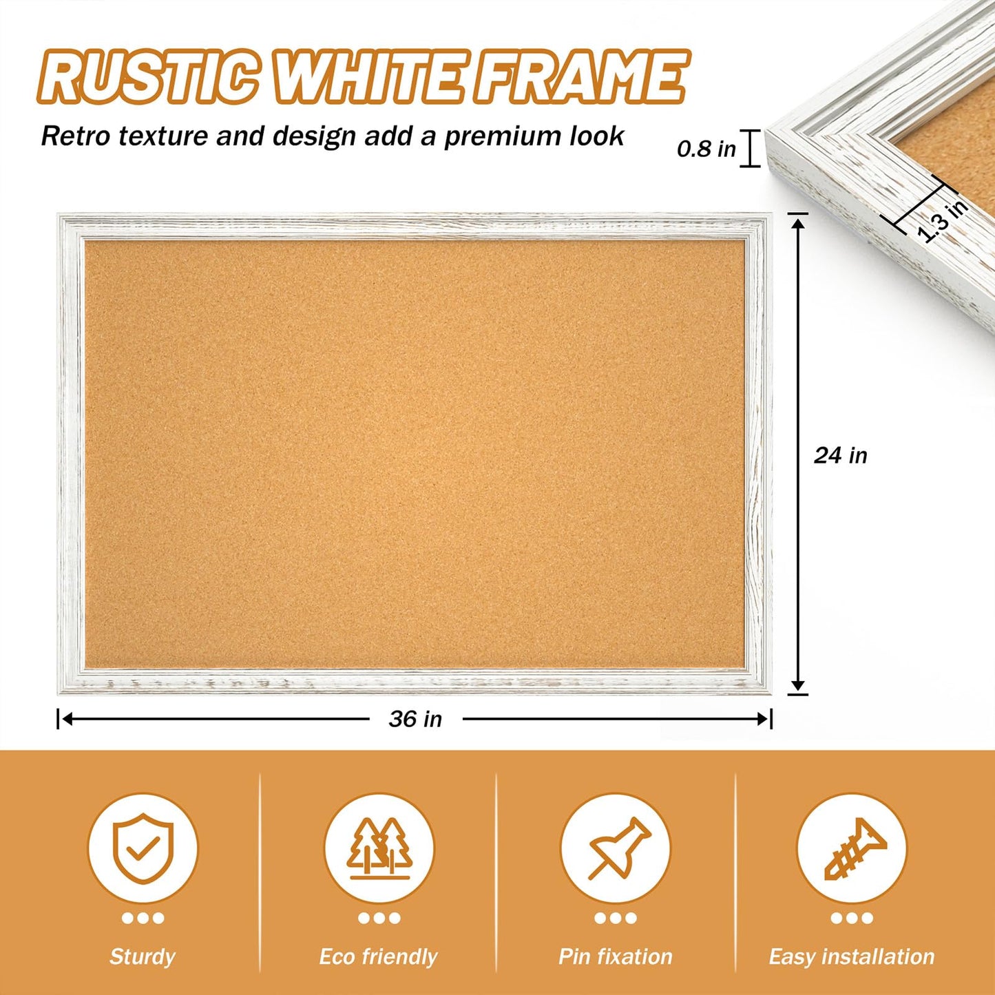 White Cork Board for Wall, 36 x 24 inches Decorative Bulletin Board, Rustic Wooden Frame Pin Board for Office, Dorm, Home Decor