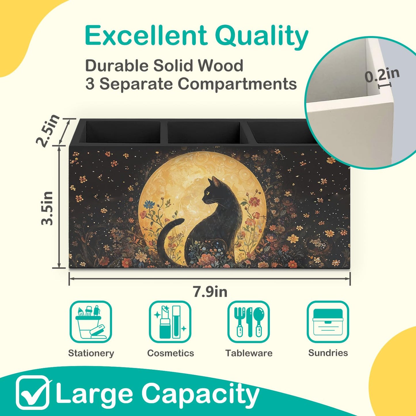 AQYIP Witchy Black Cat Pen Holder for Home Office Desk, Cat Lover Gifts, Witchy Moonlight Floral Black Cats Makeup Brush Toothbrush Holder Organizer for Bathroom Desk Accessories