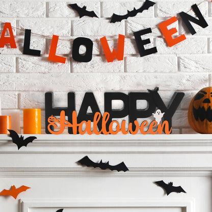 COCHIE Wooden Happy Halloween Sign, Ghost Decorations for Home, Office, Shelf, Mantel, Indoor, Wood J-o-lantern Pumpkin Decor, Black Orange Spooky Table Top Party Decoration (Happy Halloween)