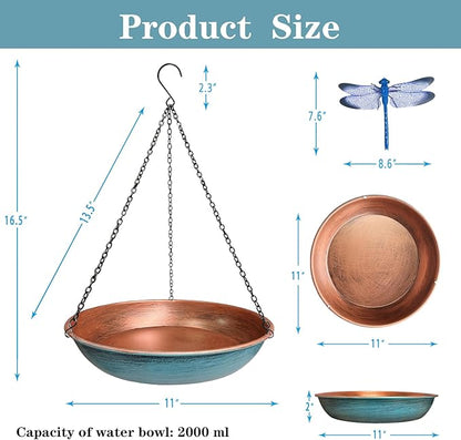 Hanging Bird Bath for Outdoors,11Inch Double Patchwork Birdbath Bowl Window Birds Feeder with 13.5 in Rust-Proof Black Chains Metal Hanging Birds Feeder for Garden Backyard Decor Copper Blue